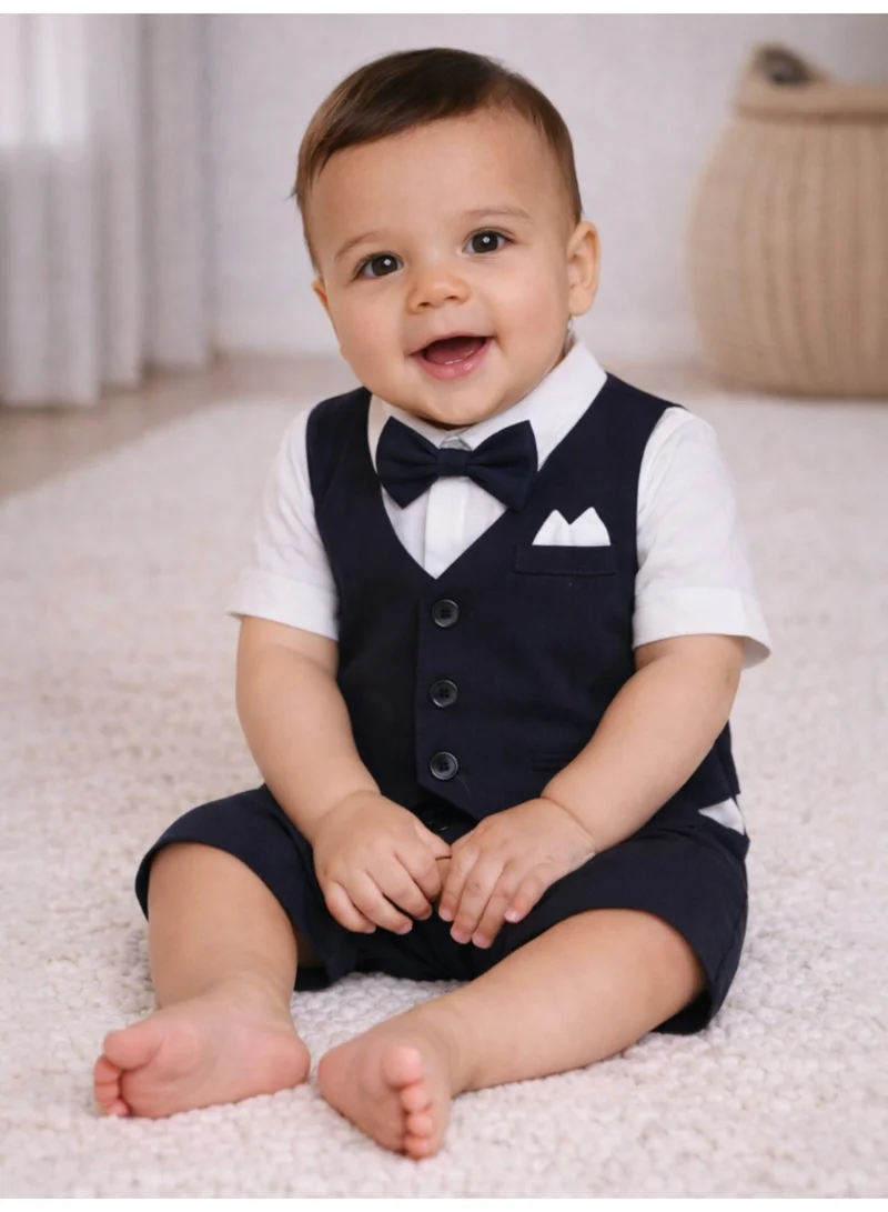 victor and jane Infant Boys’ Waistcoat, Shirt & Bow Tie Mock Romper 3 pc Set (Navy Blue)